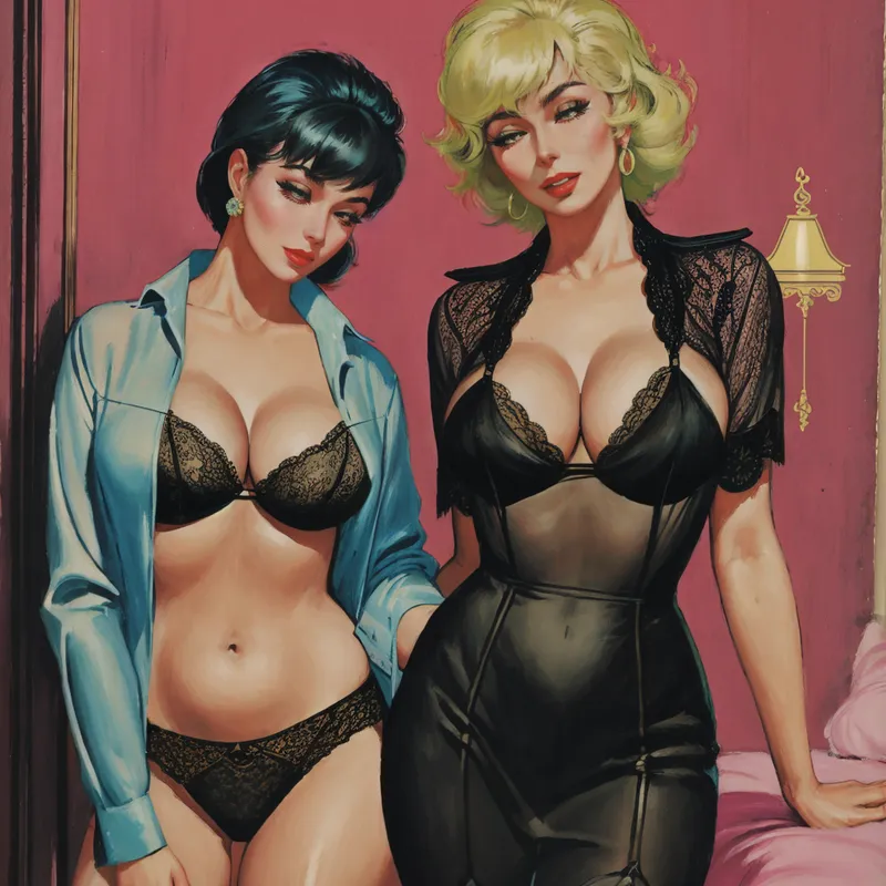 两位成年女性角色身穿时尚内衣的动漫风插画