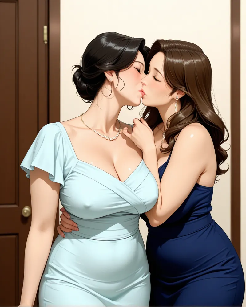 两位成年女性角色穿着连衣裙彼此靠近的动漫风插画