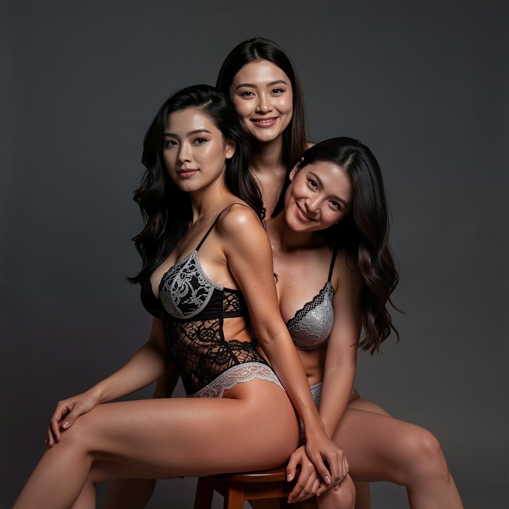 三位成年女性身穿深色时装，在摄影棚里合影